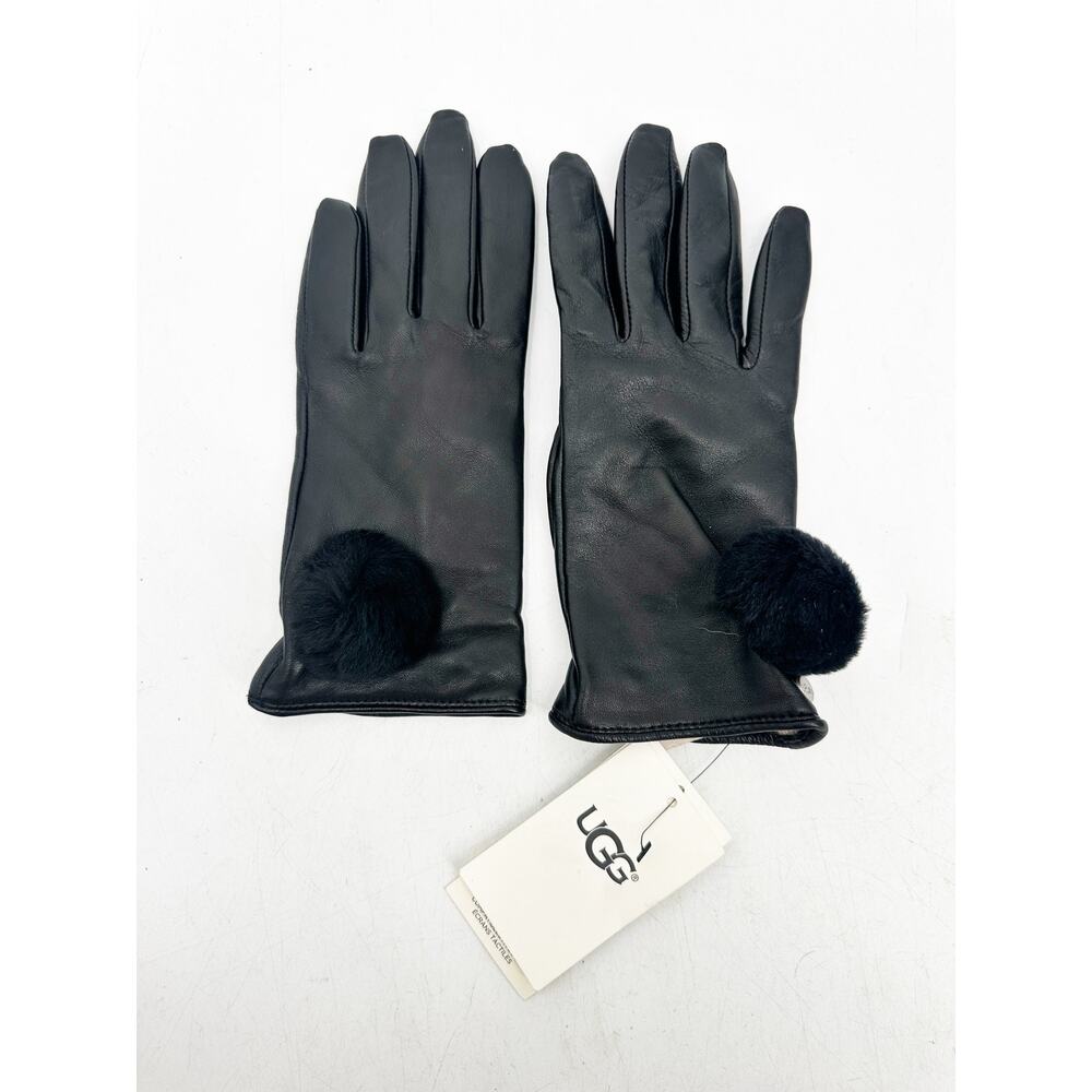 UGG Women's Leather Pom Glove in‎ Black Size Medium NEW